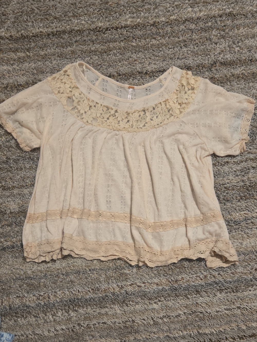 Free People Cream Lace Yoke Short Sleeve Blouse